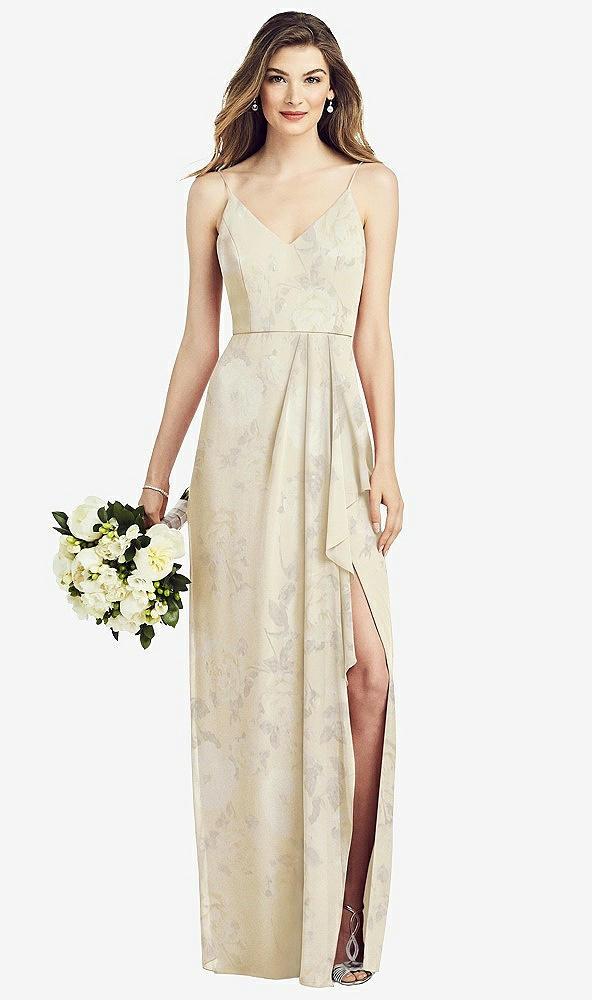 spaghetti strap draped skirt gown with front slit