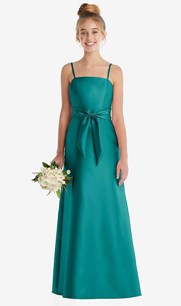spaghetti strap satin junior bridesmaid dress with mini sash