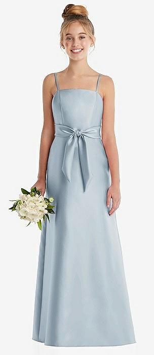 spaghetti strap satin junior bridesmaid dress with mini sash