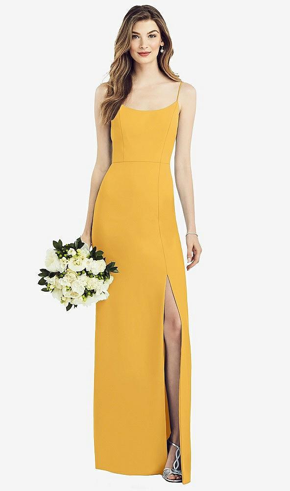 spaghetti strap v-back crepe gown with front slit