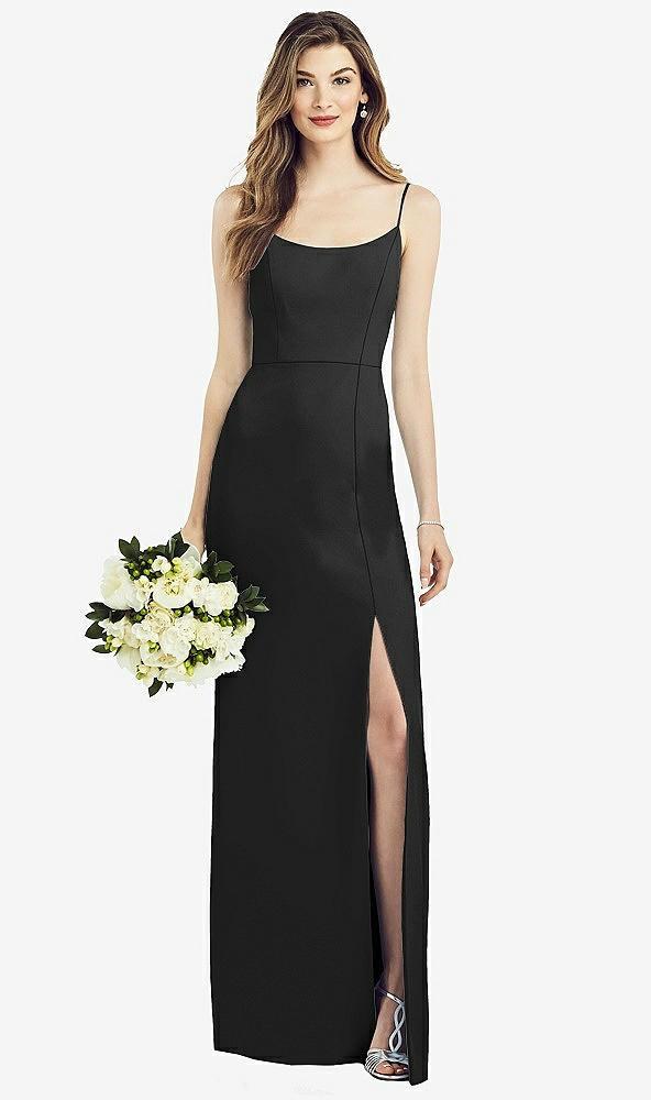 spaghetti strap v-back crepe gown with front slit
