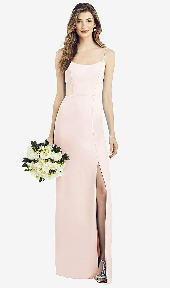 spaghetti strap v-back crepe gown with front slit