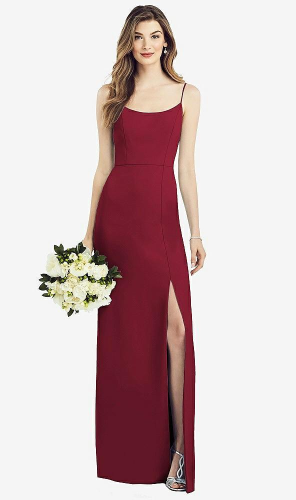 spaghetti strap v-back crepe gown with front slit