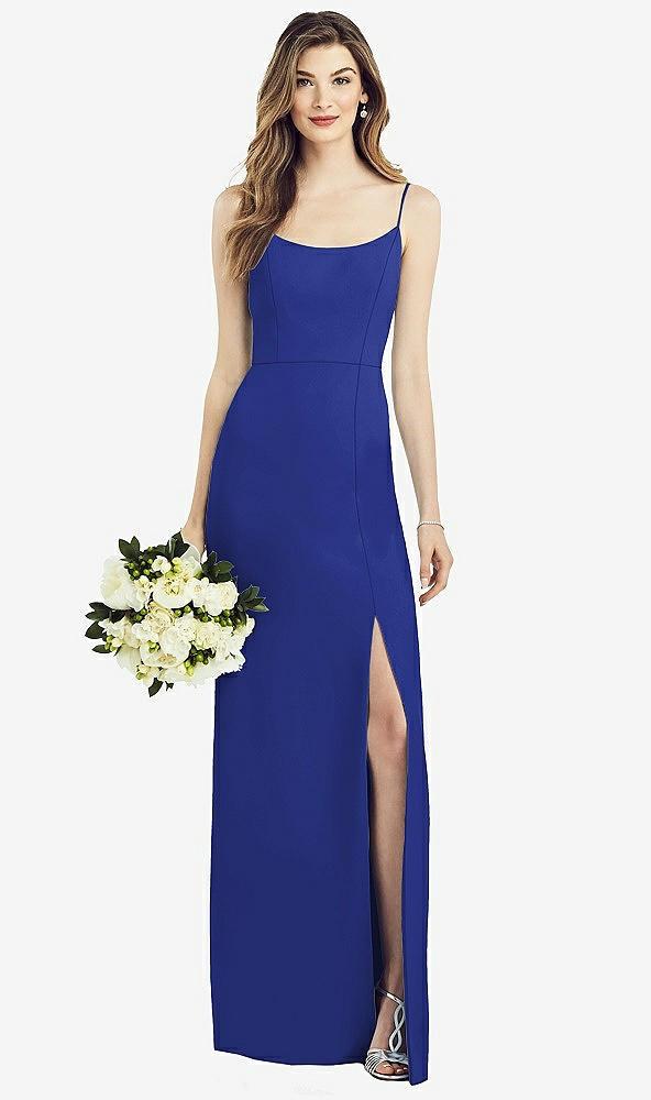 spaghetti strap v-back crepe gown with front slit