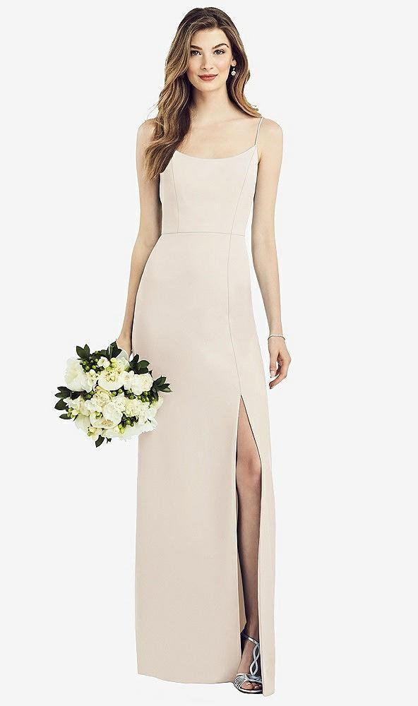 spaghetti strap v-back crepe gown with front slit