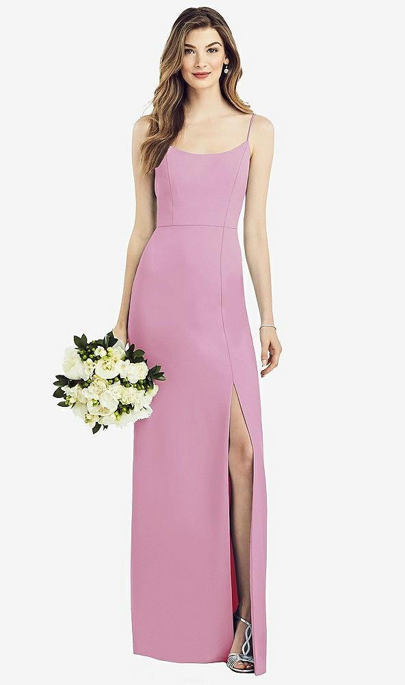 spaghetti strap v-back crepe gown with front slit