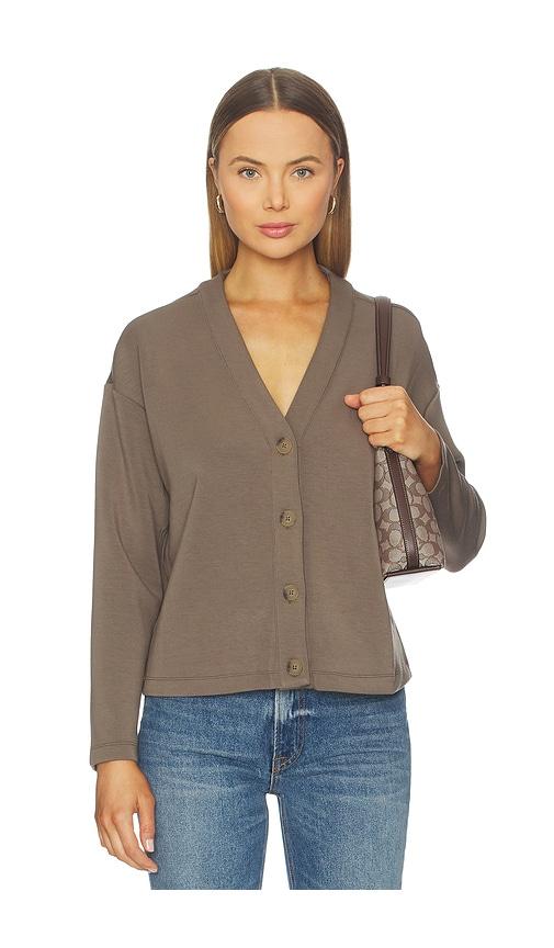 spanx air essentials v neck cardigan in brown.
