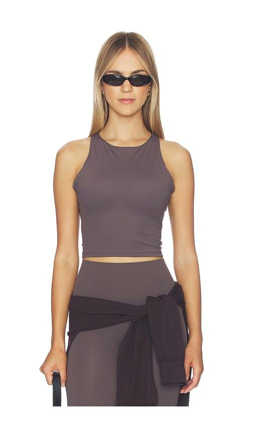 spanx get moving high neck tank top in brown.