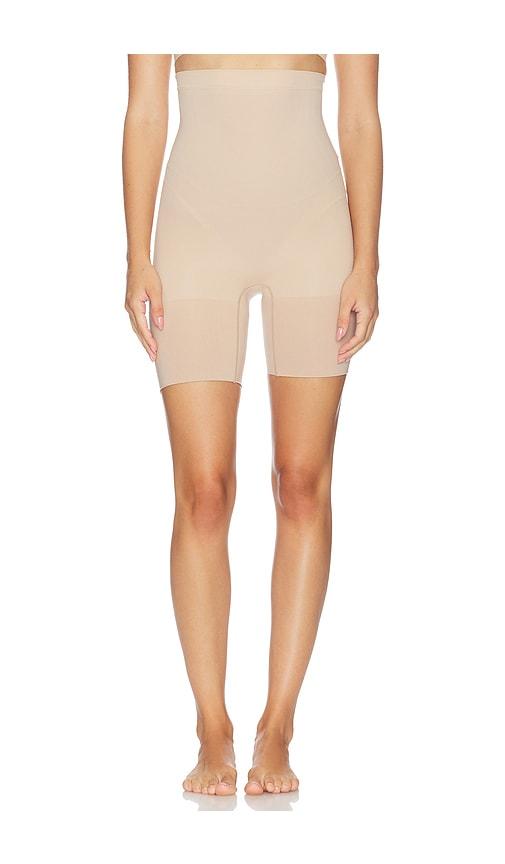 spanx sculpt gofigure high waist mid thigh short in cream.