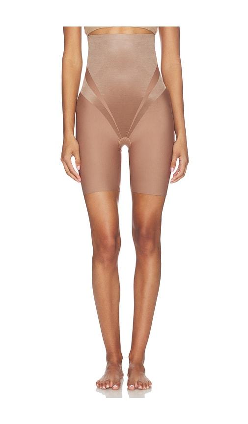 spanx spanxsculpt transform high waisted mid thigh short in tan.