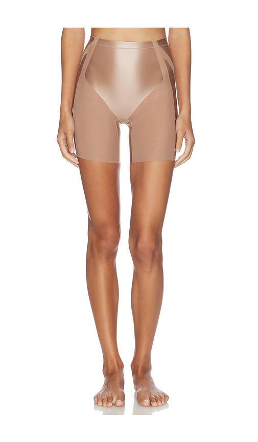 spanx spanxshape satin-x booty-lifting mid-thigh short in nude.