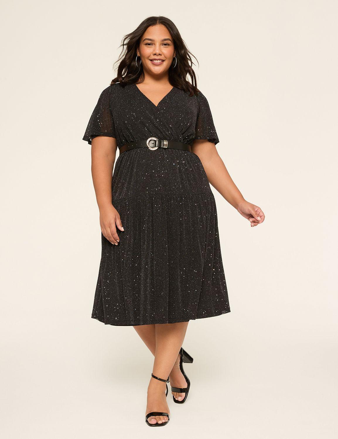 sparkle-knit surplice-neck flutter-sleeve midi dress