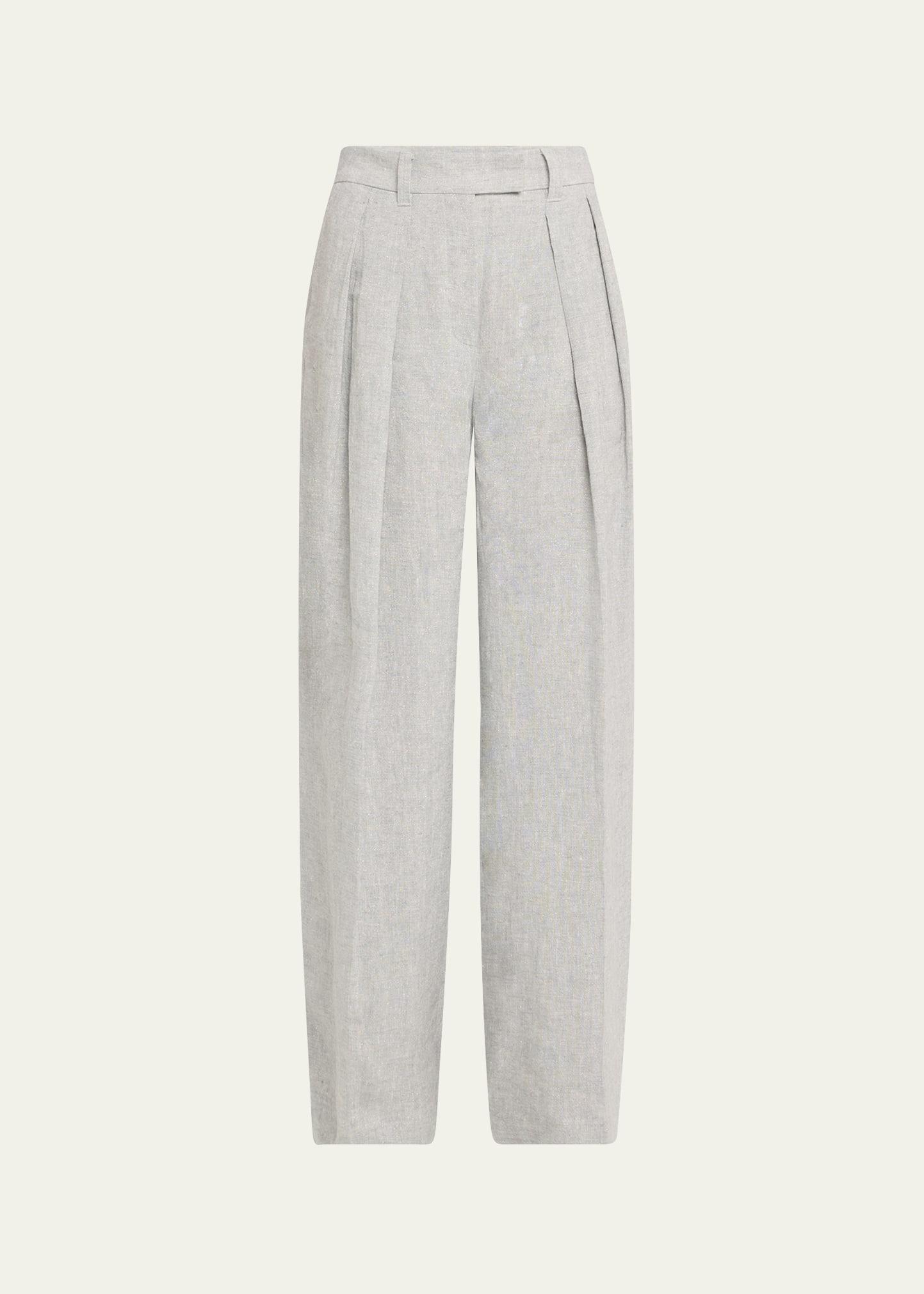 sparkling linen canvas pleated wide-leg trousers