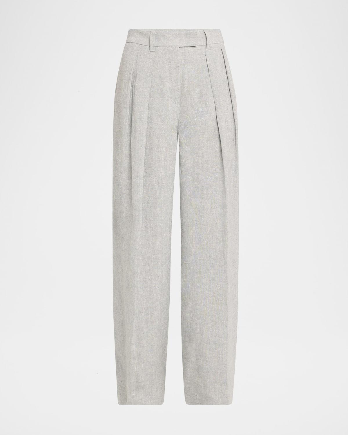 sparkling linen canvas pleated wide-leg trousers