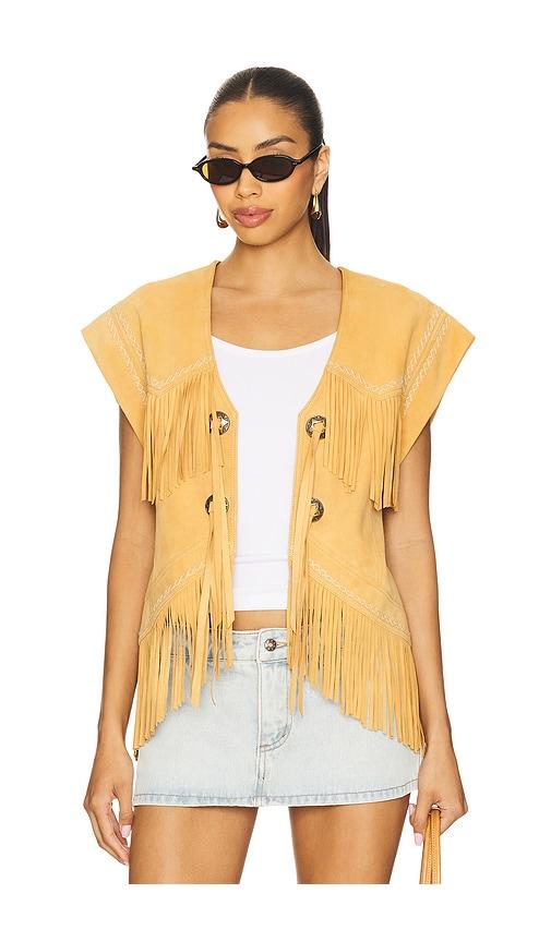 spell fearless heart suede fringe vest in tan.