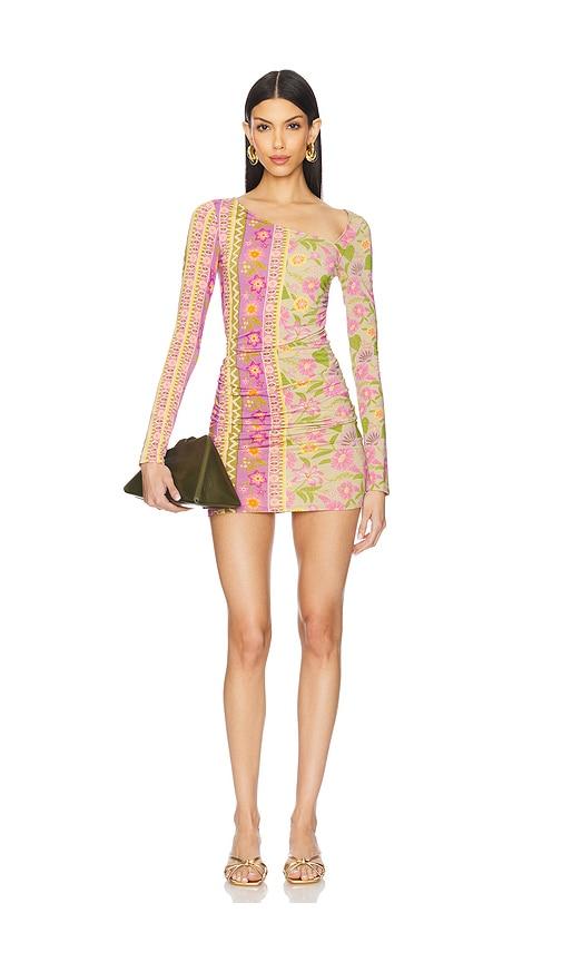 spell goldie shimmer mini dress in pink,green.