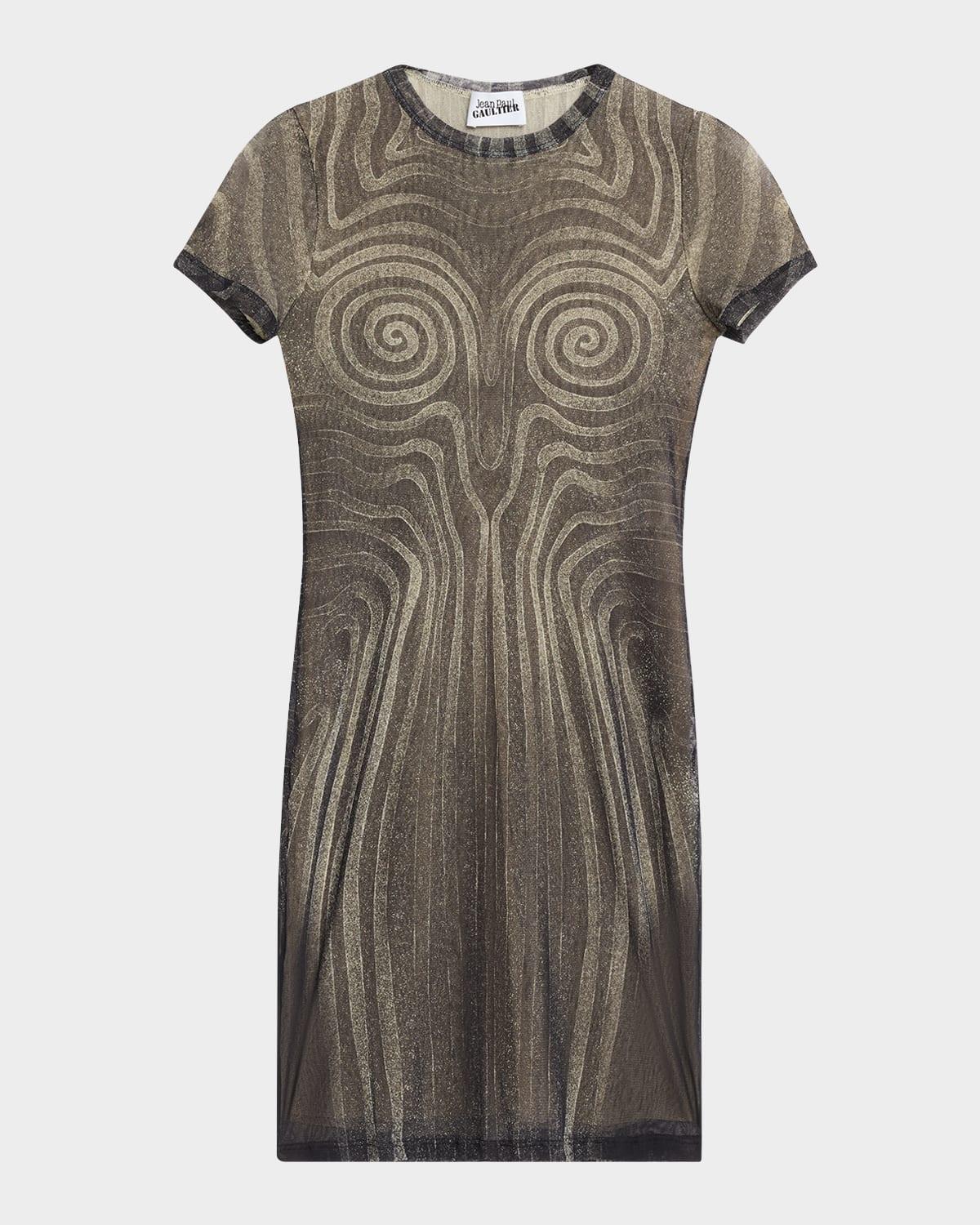spiral body morphing-print mesh mini dress