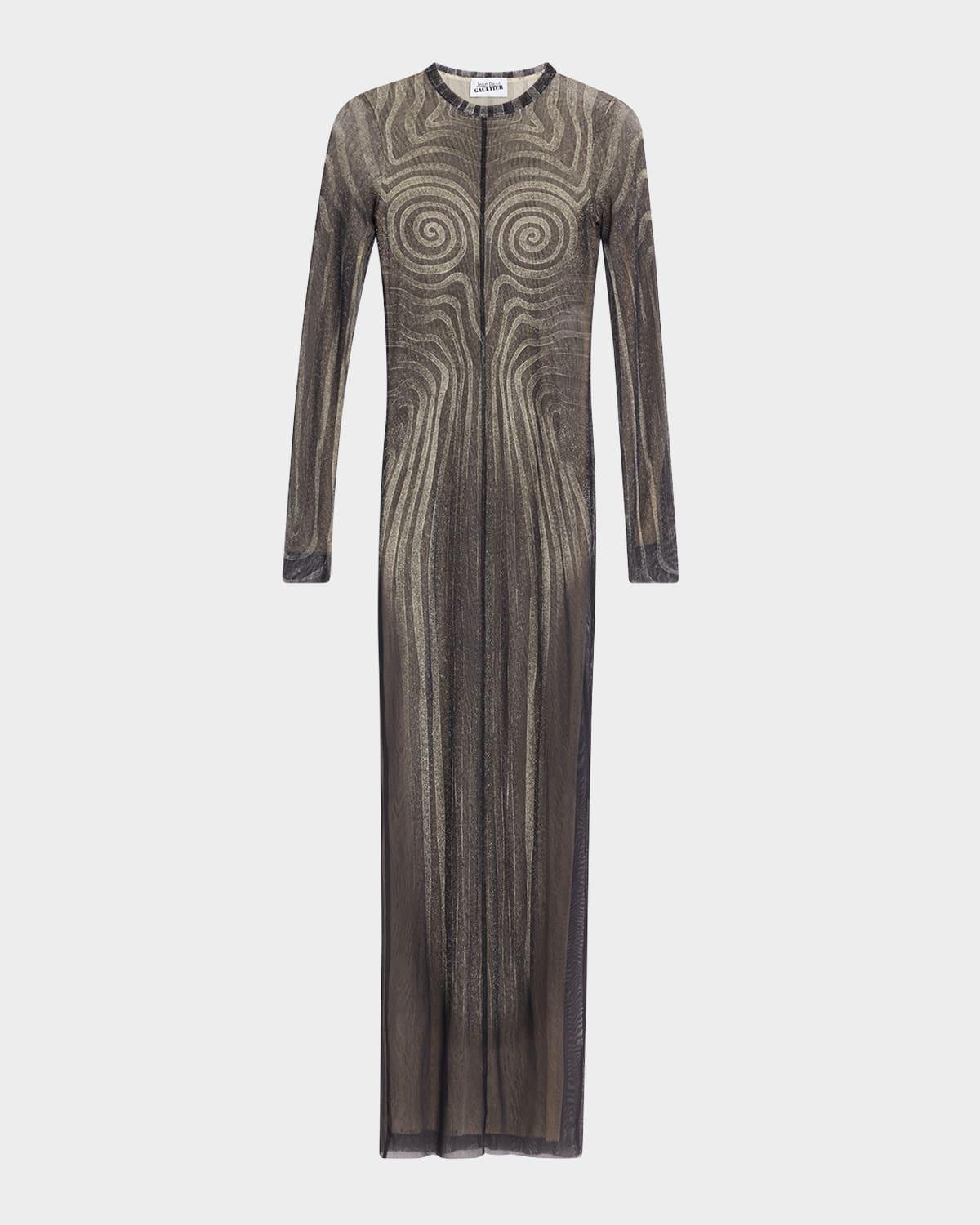spiral mesh long-sleeve maxi dress