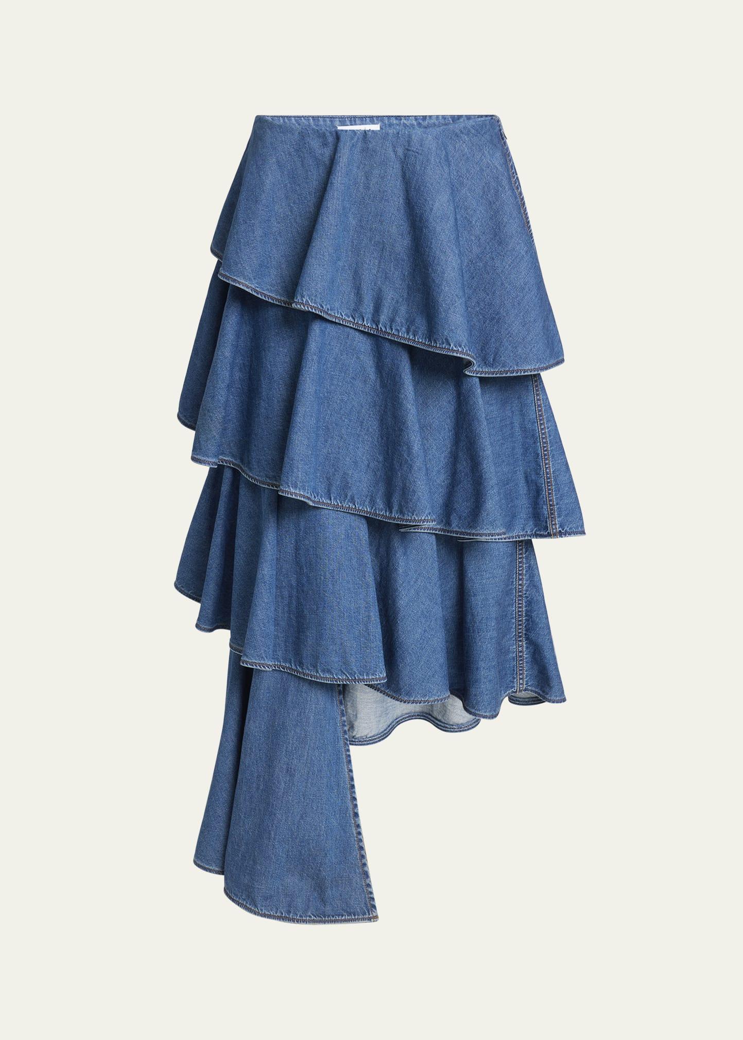 spiral ruffle denim midi skirt