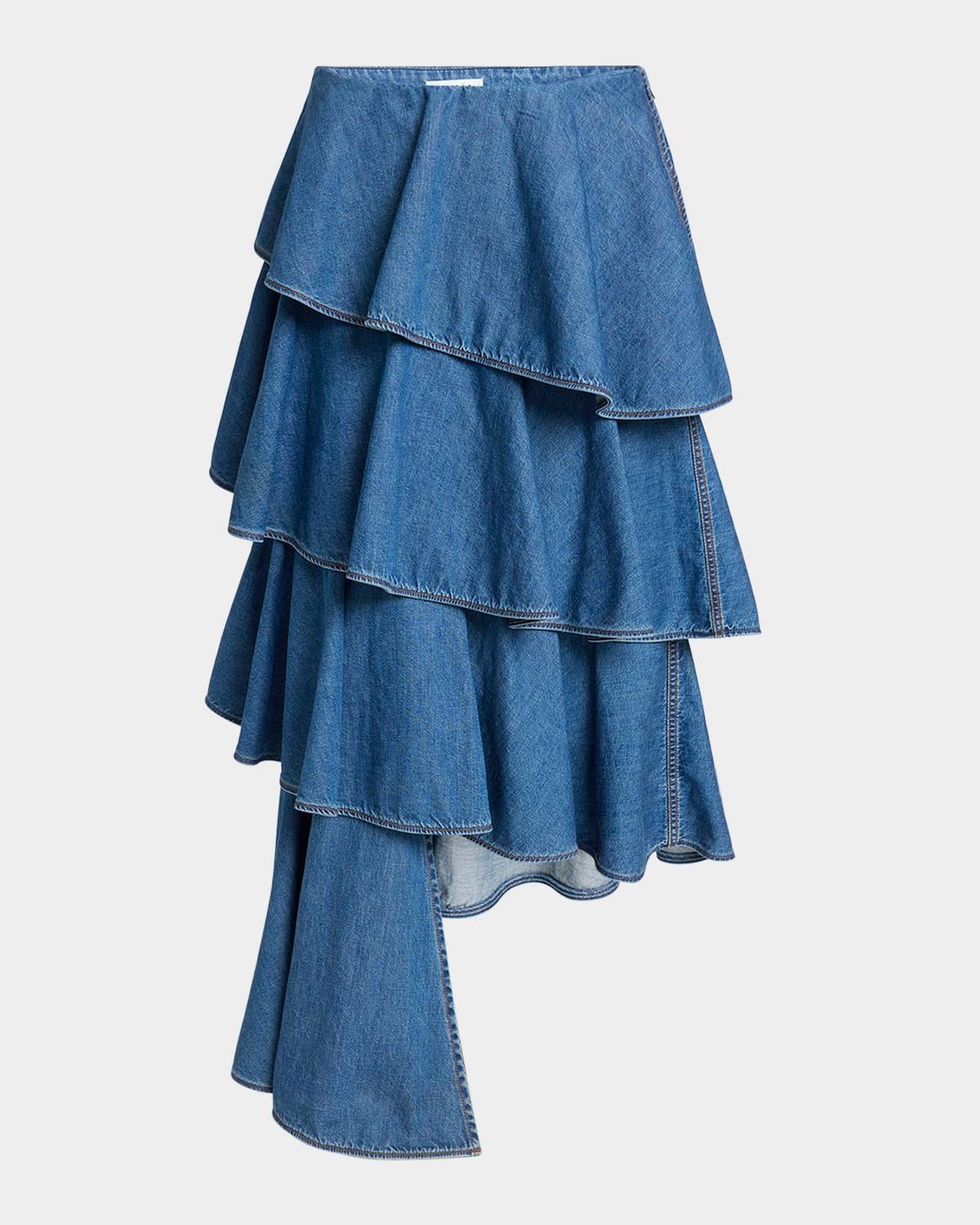 spiral ruffle denim midi skirt