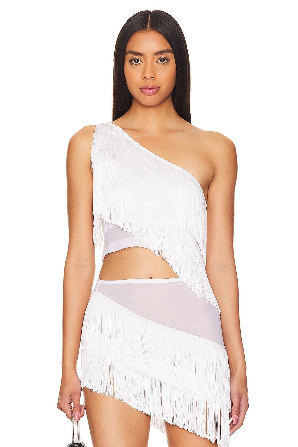 spliced cropped one shoulder fringe top