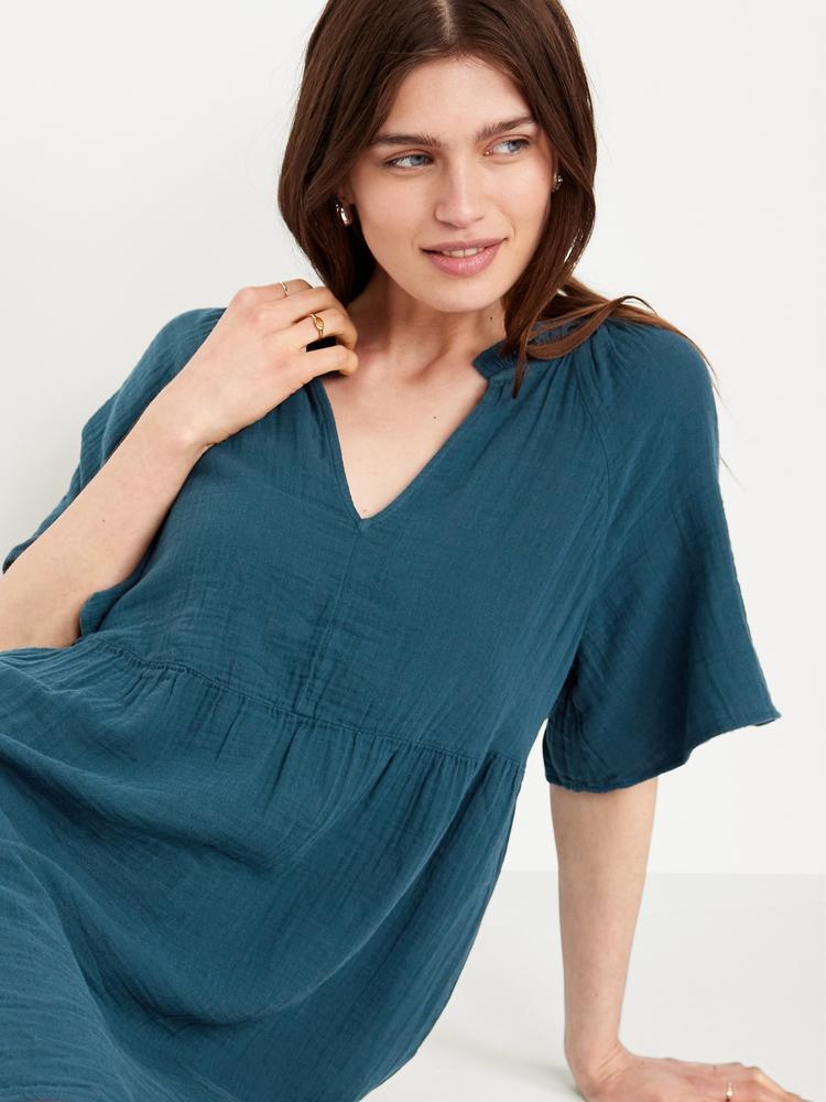 split-neck crinkle gauze mini swing dress