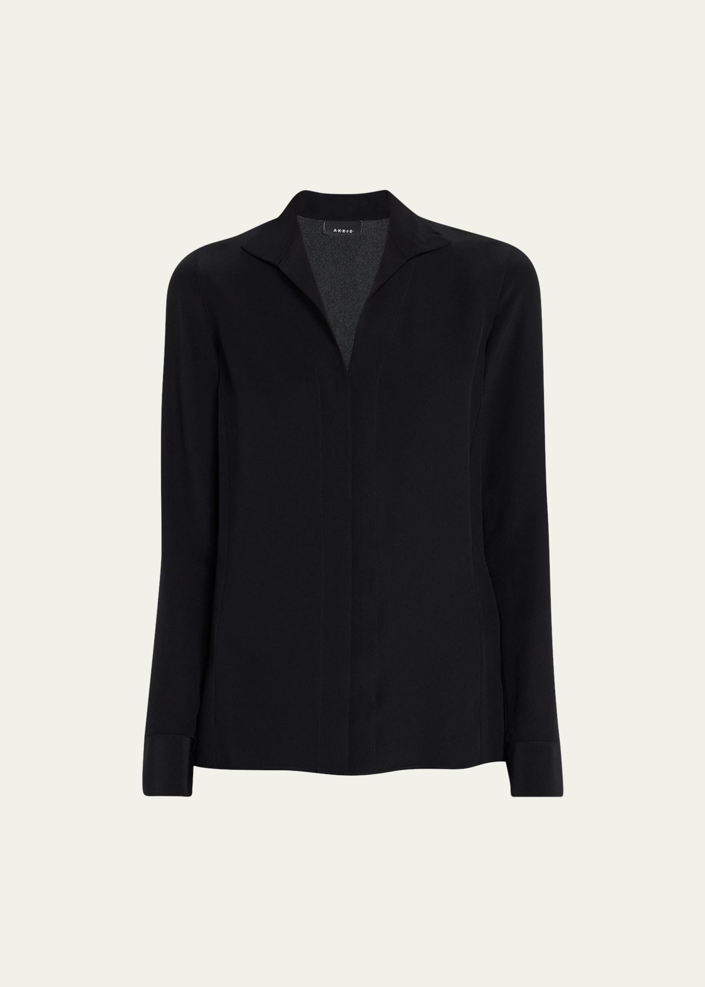 split-neck silk button-front blouse
