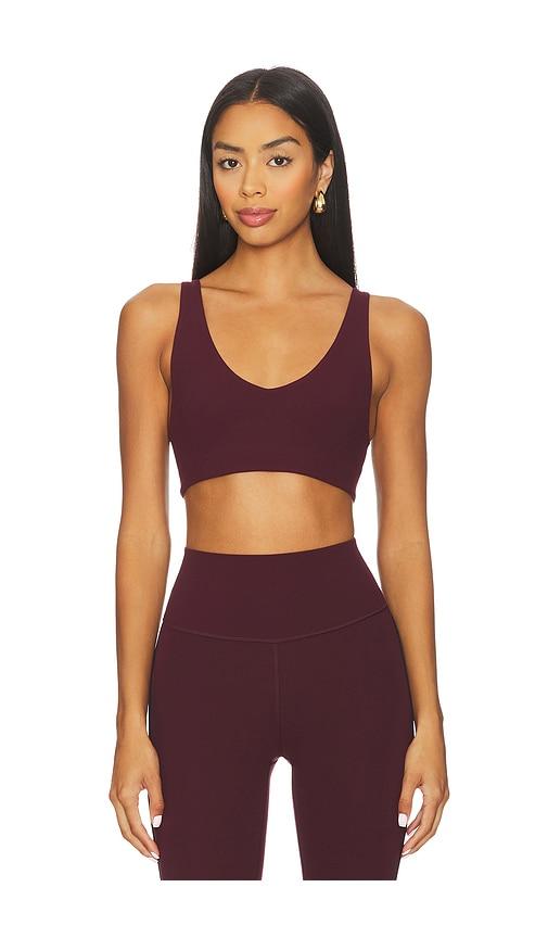 splits59 airweight scoop back sports bra in burgundy.