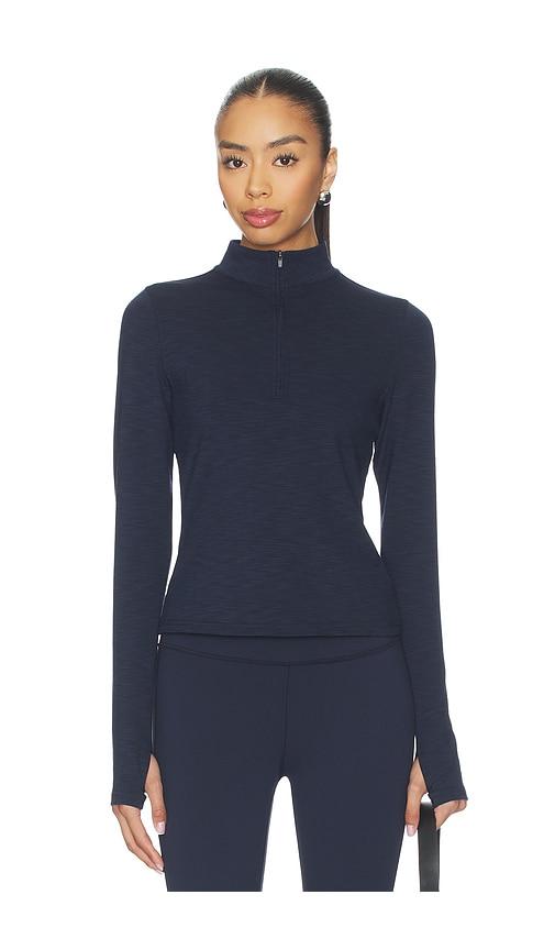 splits59 stevie active rib half zip waist length top in navy.