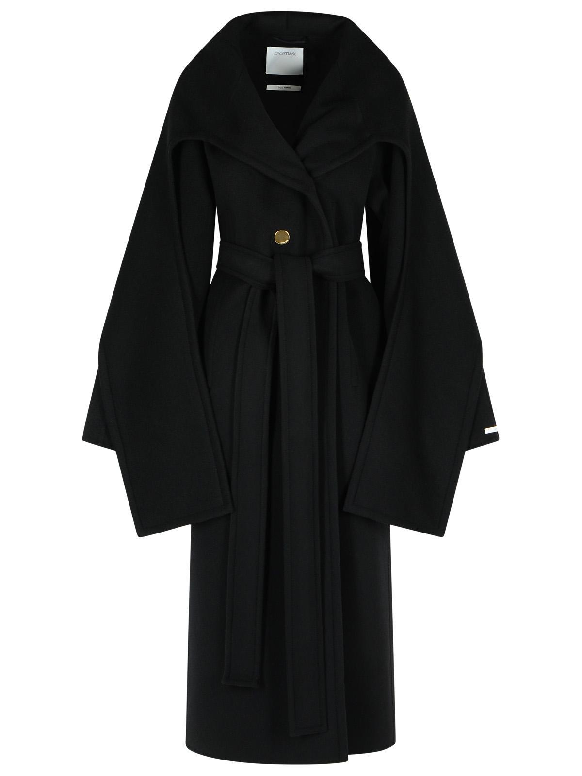sportmax baldo black virgin wool coat with scarf collar