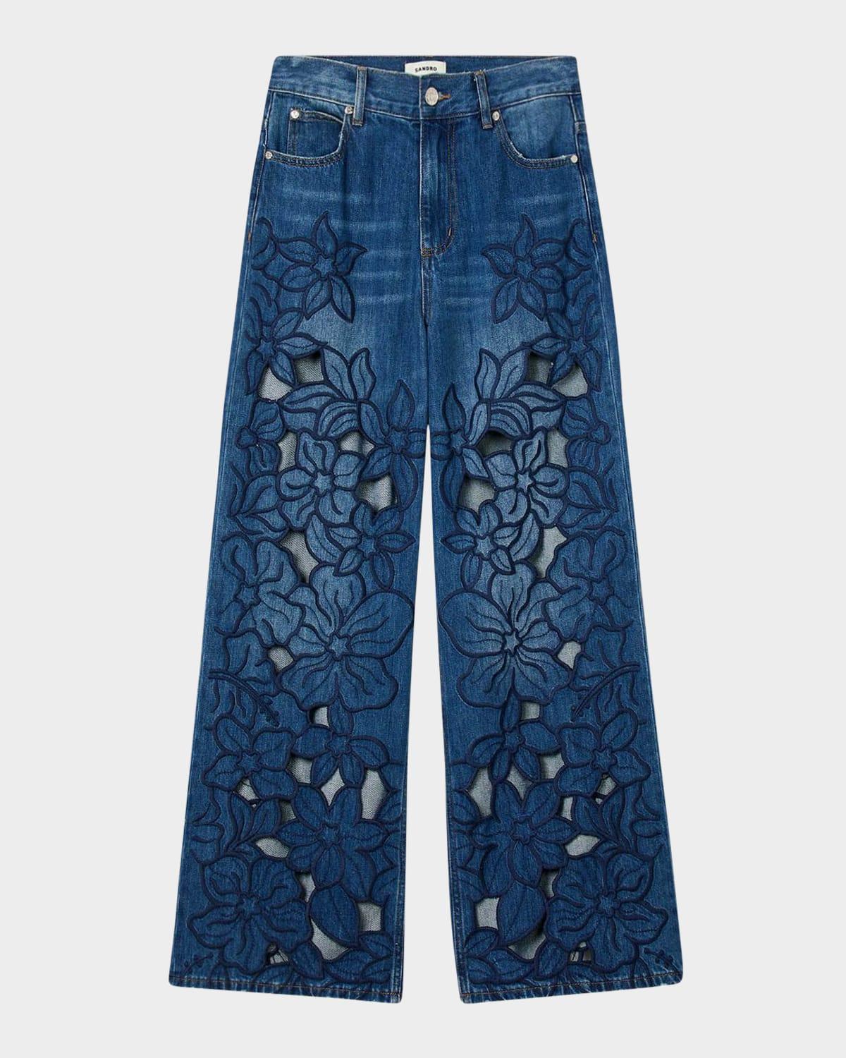 spring floral embroidered wide-leg jeans