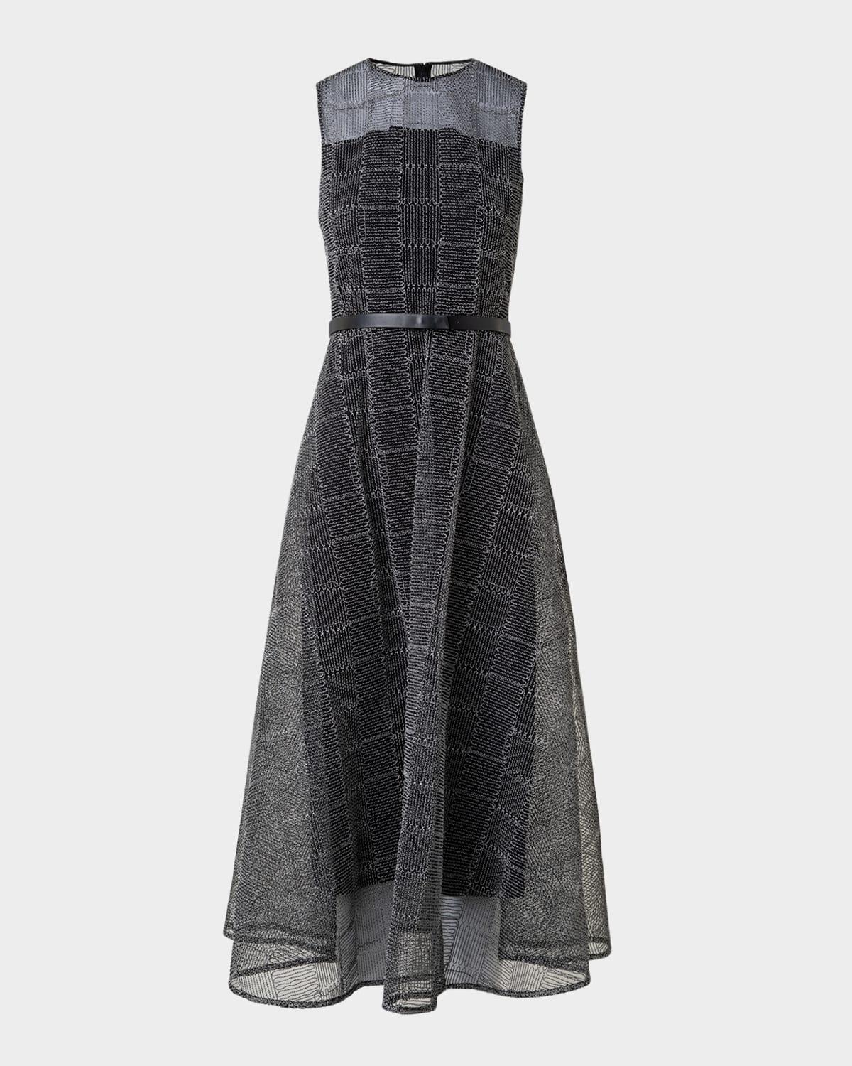 square embroidered tulle sleeveless midi dress