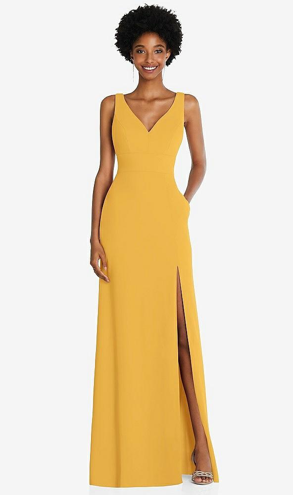 square low-back a-line dress with front slit and pockets