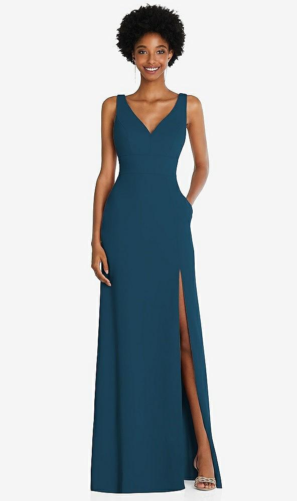 square low-back a-line dress with front slit and pockets