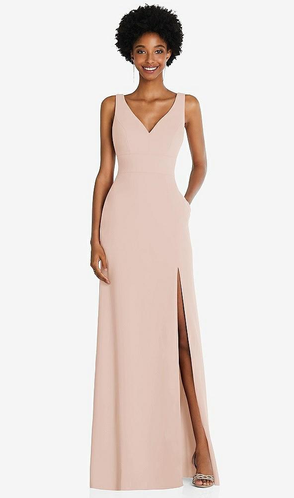 square low-back a-line dress with front slit and pockets
