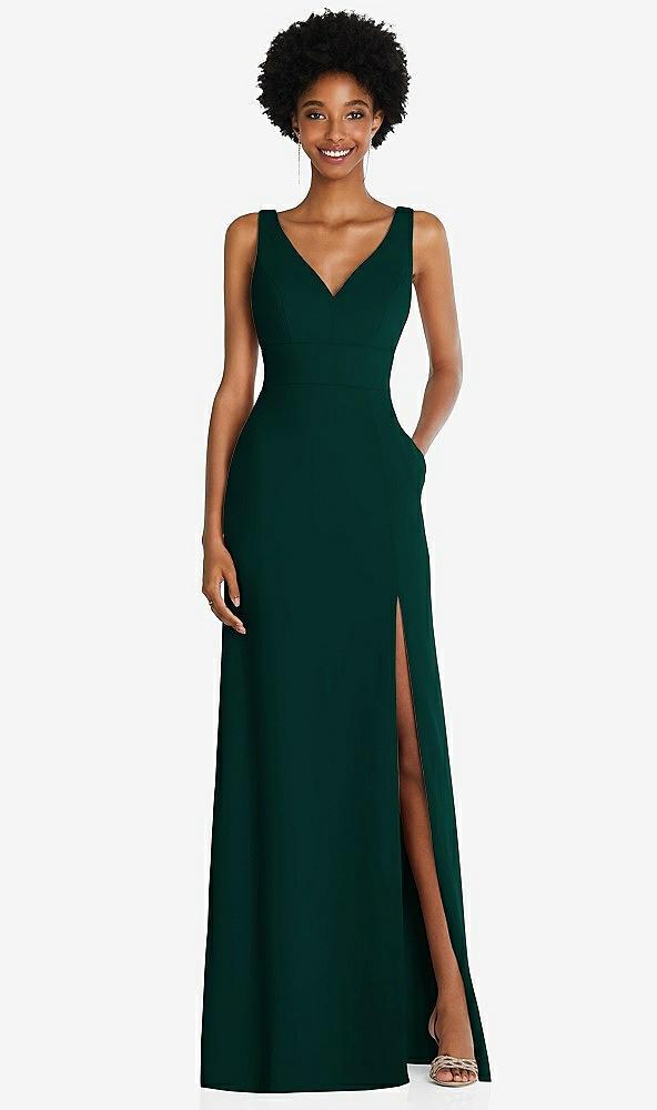 square low-back a-line dress with front slit and pockets