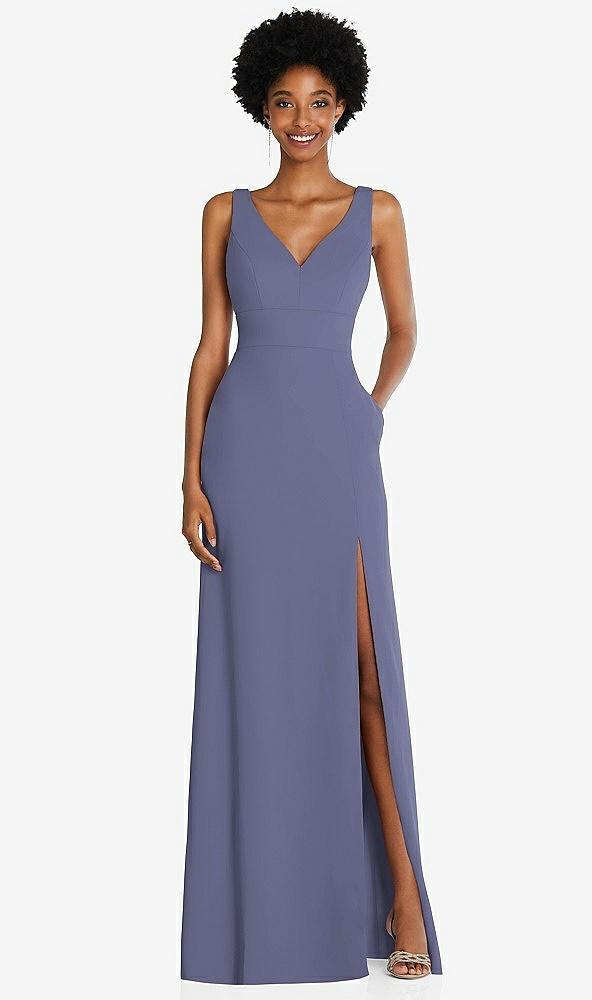 square low-back a-line dress with front slit and pockets