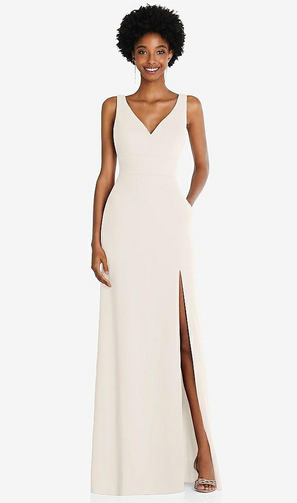 square low-back a-line dress with front slit and pockets
