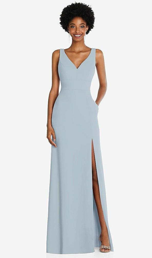 square low-back a-line dress with front slit and pockets