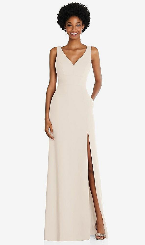 square low-back a-line dress with front slit and pockets