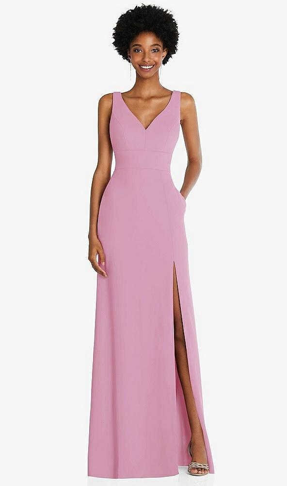 square low-back a-line dress with front slit and pockets