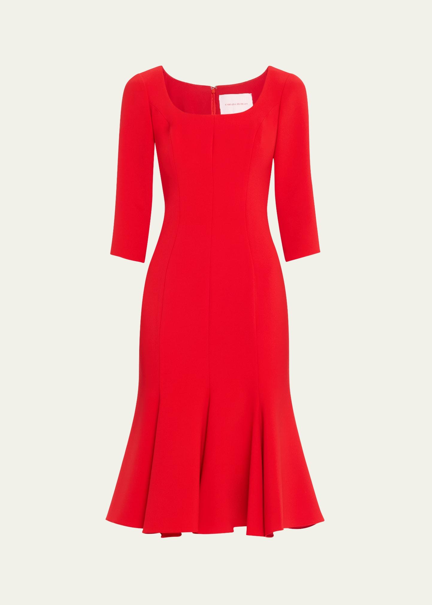 square-neck 3/4-sleeve midi trumpet dress
