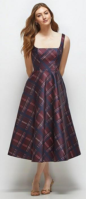 square neck alba tartan satin midi dress