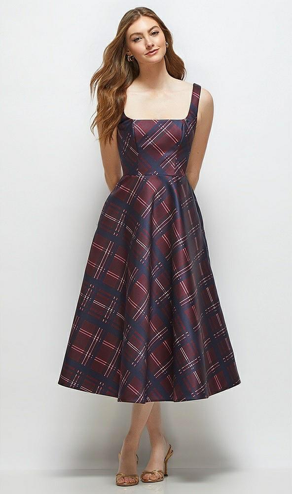 square neck alba tartan satin midi dress