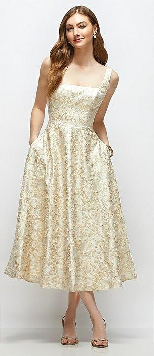 square neck champagne floral brocade midi dress