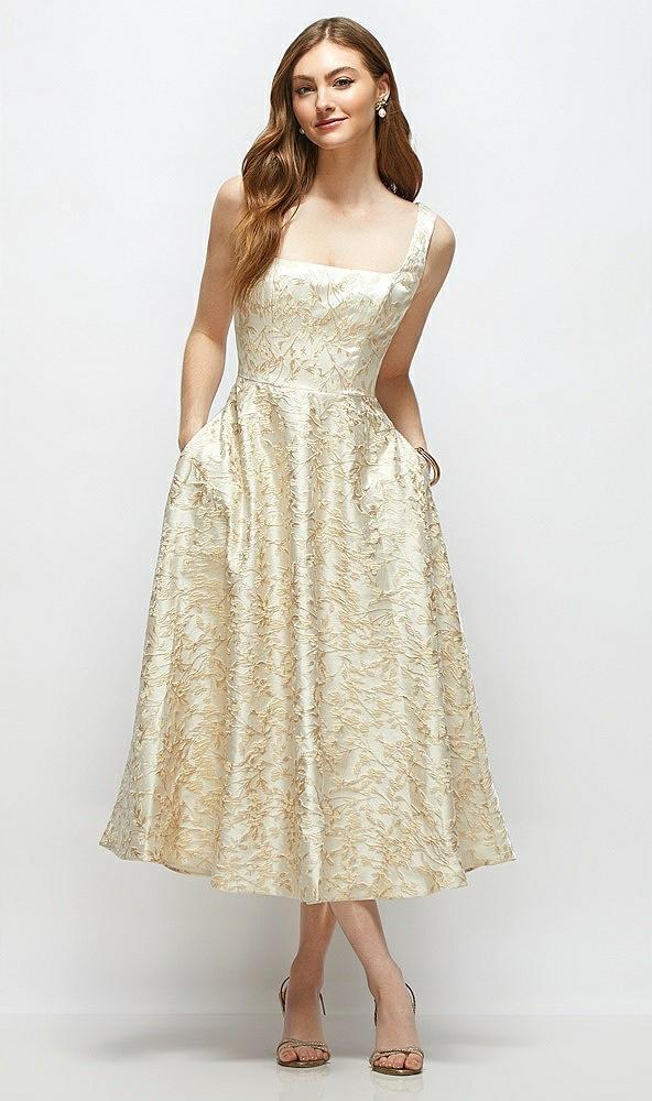 square neck champagne floral brocade midi dress