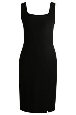 square-neck dress in stretch material with front slit- black women's business dresses