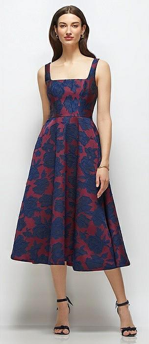 square neck heritage floral jacquard midi dress