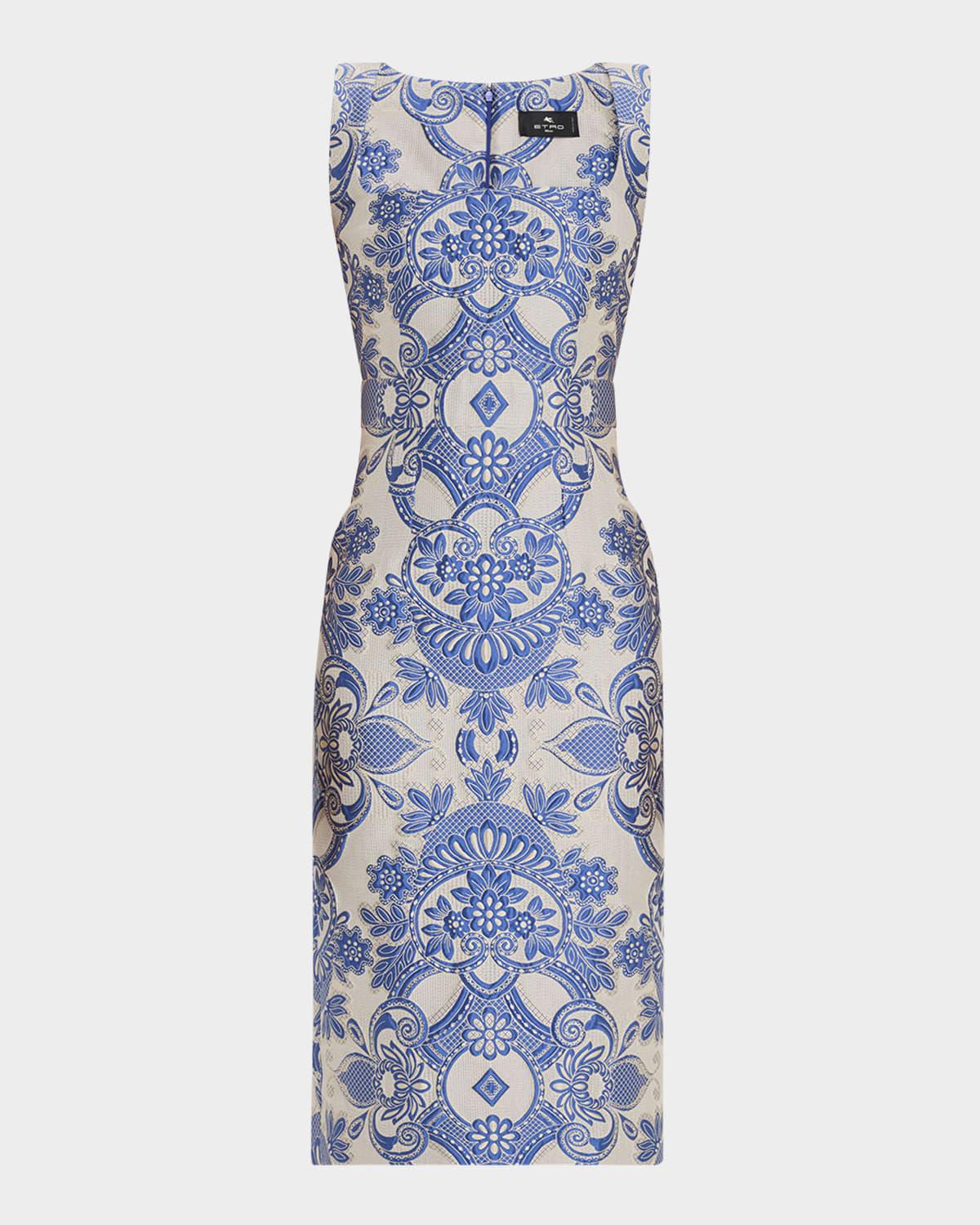square-neck lace effect brocade dress