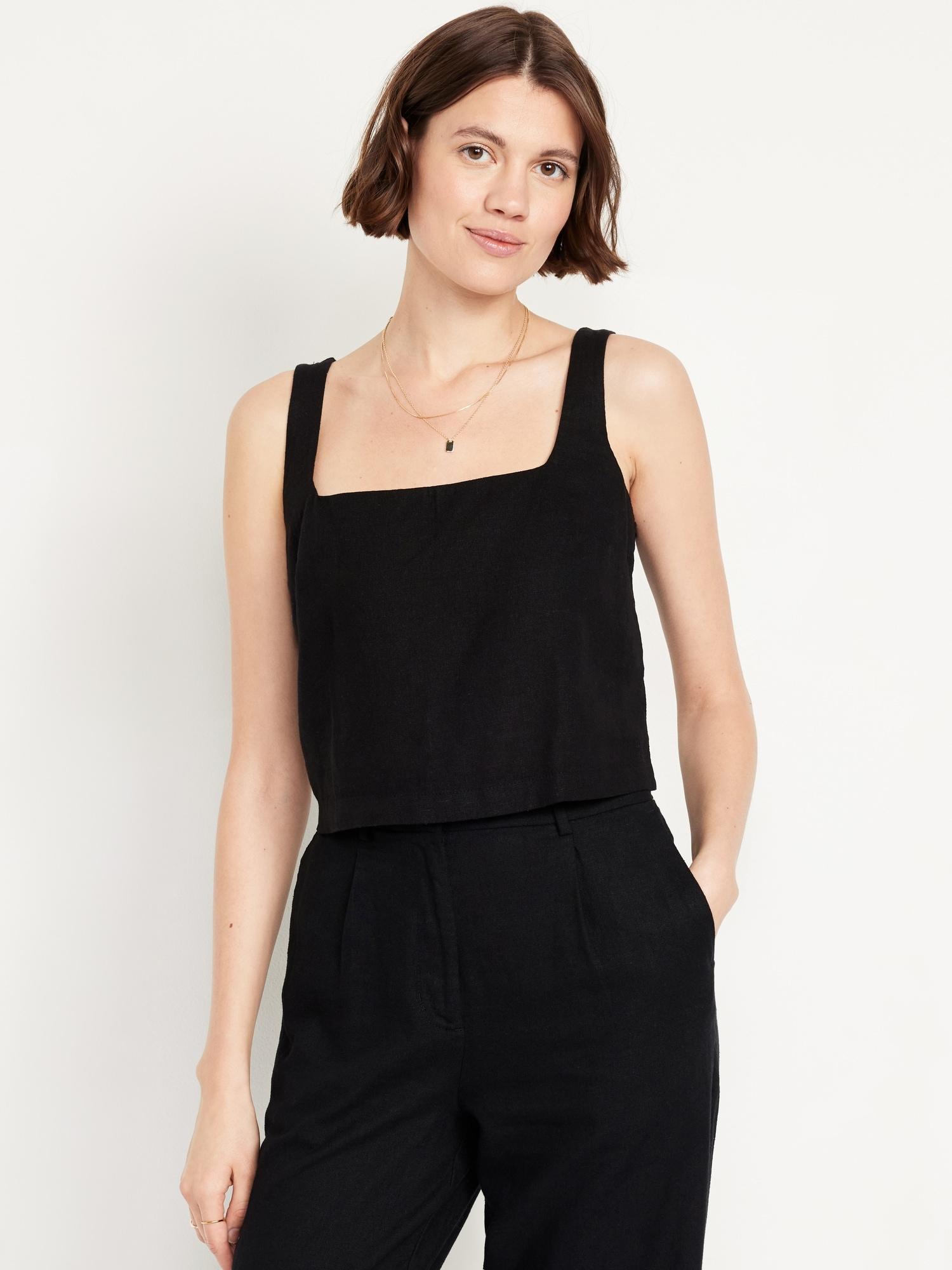 square-neck linen-blend crop tank top